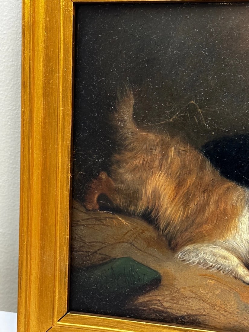 Oil Painting Hunting 2 Terrier Dogs On The Scent Ratting George Armfield C1867 - 6