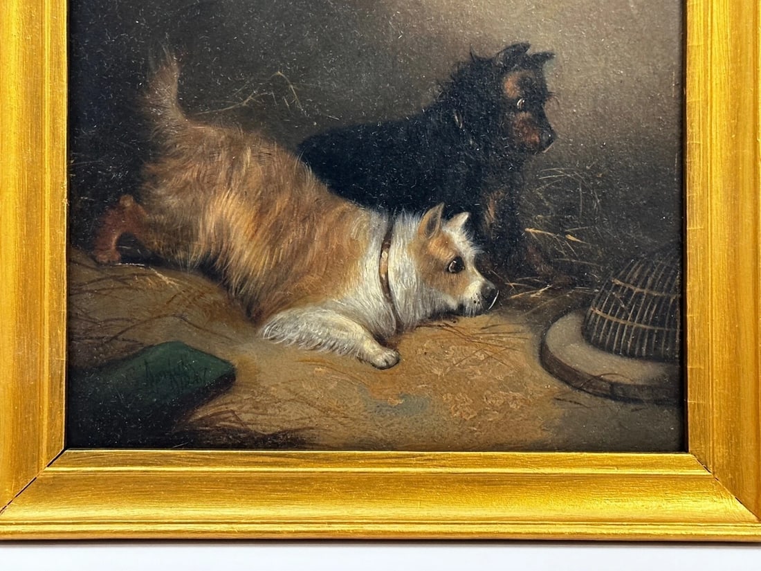 Oil Painting Hunting 2 Terrier Dogs On The Scent Ratting George Armfield C1867 - 7