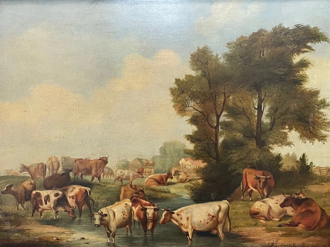Majestic Georgian Pastoral Oil Painting Cattle Watering After Paulus Potter - 2