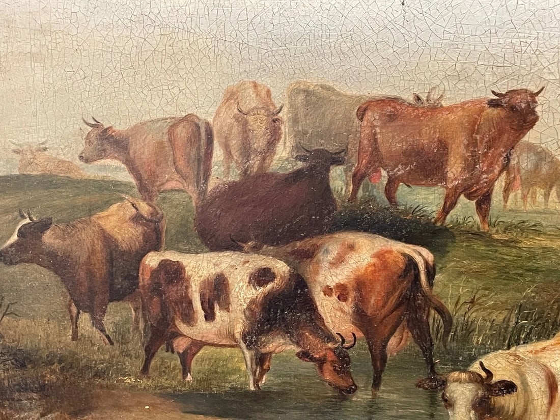 Majestic Georgian Pastoral Oil Painting Cattle Watering After Paulus Potter - 3