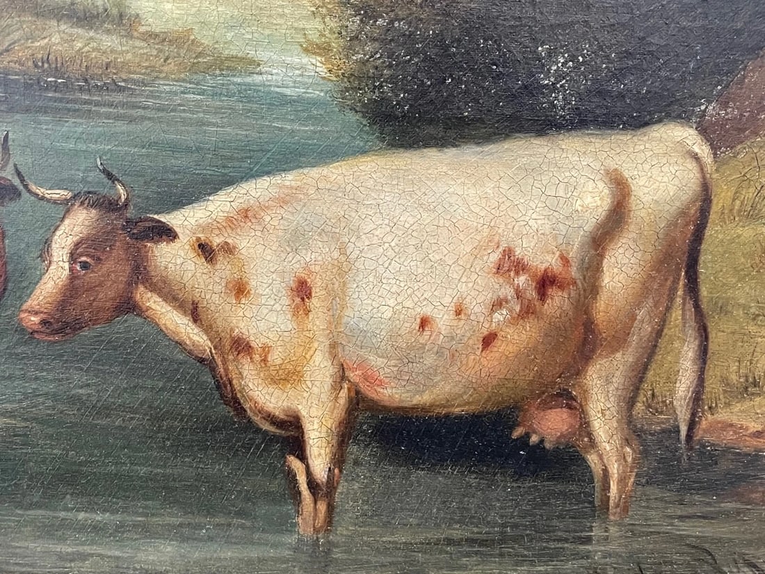 Majestic Georgian Pastoral Oil Painting Cattle Watering After Paulus Potter - 5