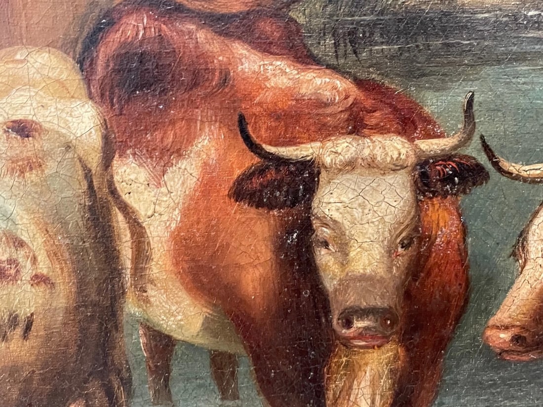 Majestic Georgian Pastoral Oil Painting Cattle Watering After Paulus Potter - 6