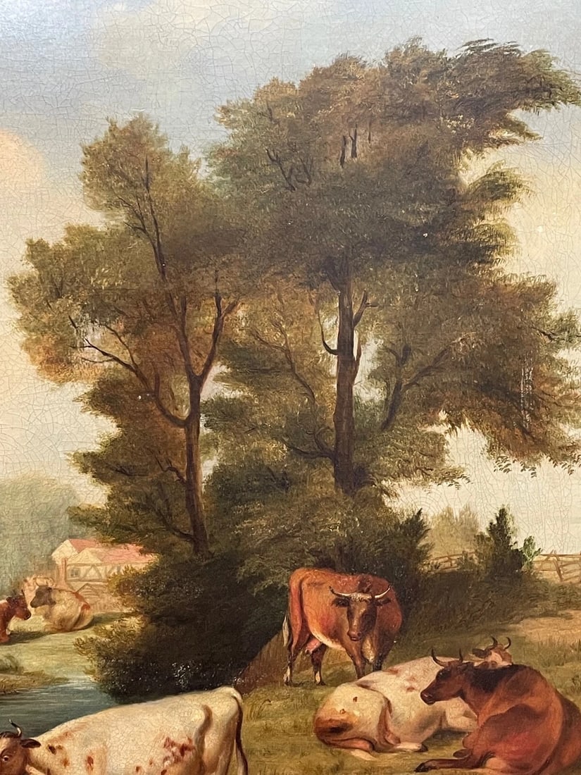 Majestic Georgian Pastoral Oil Painting Cattle Watering After Paulus Potter - 7