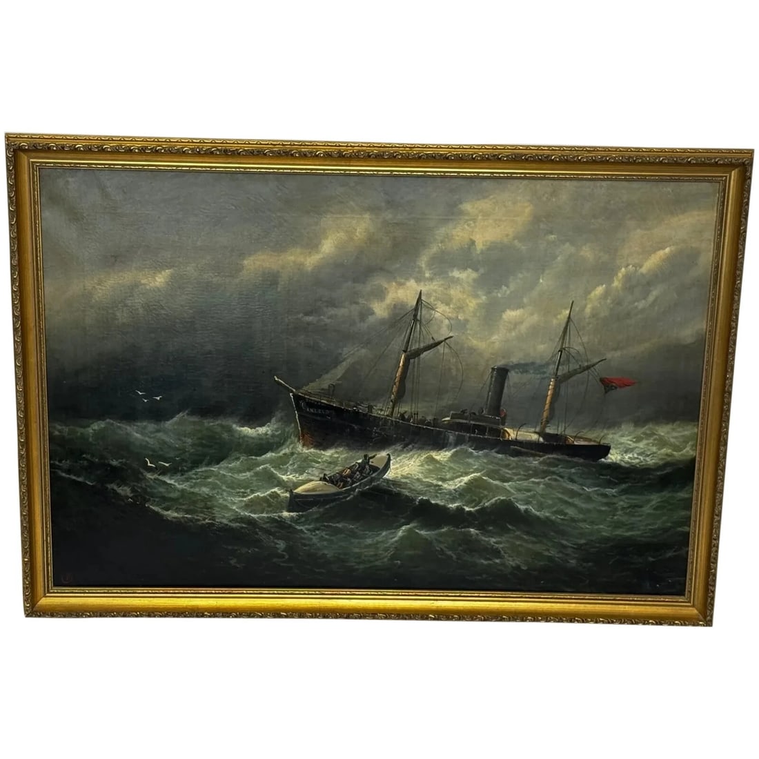 Large Painting Sealer Whaler Ship Of Dundee Sinking The Rescue By William Broome: Oil Painting Sealer & Whaler Steam Ship Of Dundee Floundering Sinking The Rescue Click image to enlarge Description Large Dramatic Victorian Seascape Marine Oil Painting – “Se