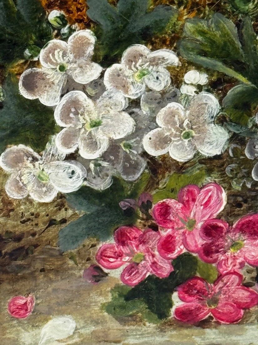Oil Painting Blossom Flowers Starling Bird Eggs Nest Mossy Bank By Oliver Clare - 10