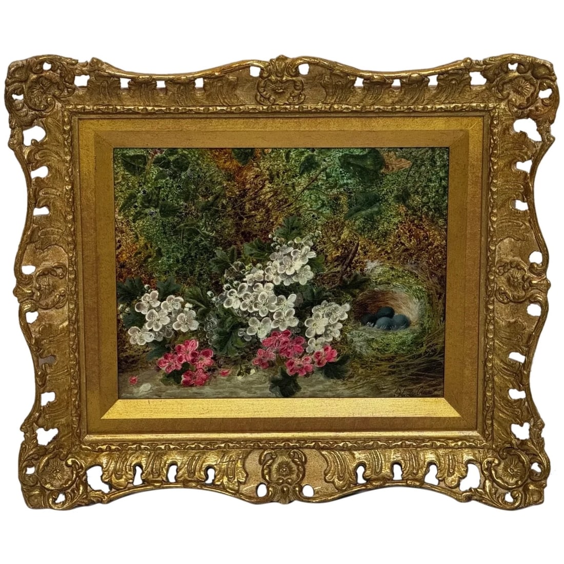 Oil Painting Blossom Flowers Starling Bird Eggs Nest Mossy Bank By Oliver Clare (1 of 20)