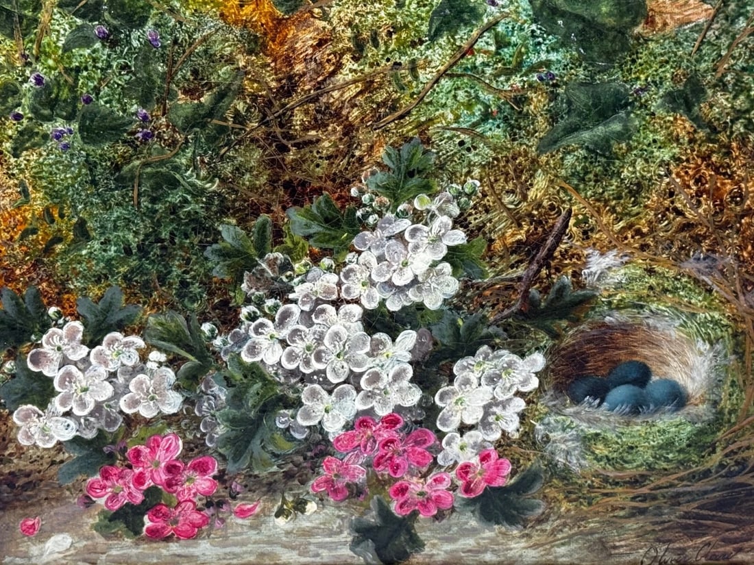 Oil Painting Blossom Flowers Starling Bird Eggs Nest Mossy Bank By Oliver Clare - 2