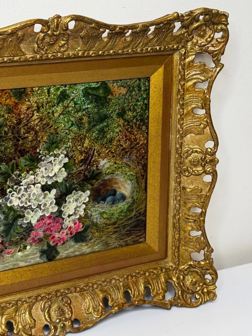 Oil Painting Blossom Flowers Starling Bird Eggs Nest Mossy Bank By Oliver Clare - 3