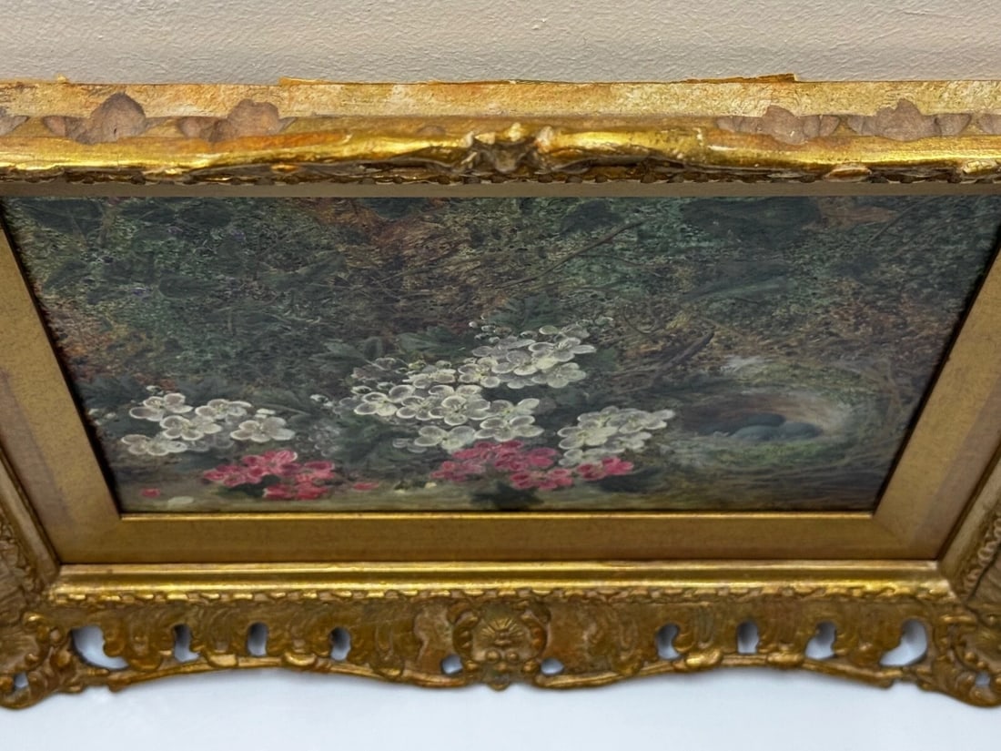 Oil Painting Blossom Flowers Starling Bird Eggs Nest Mossy Bank By Oliver Clare - 5