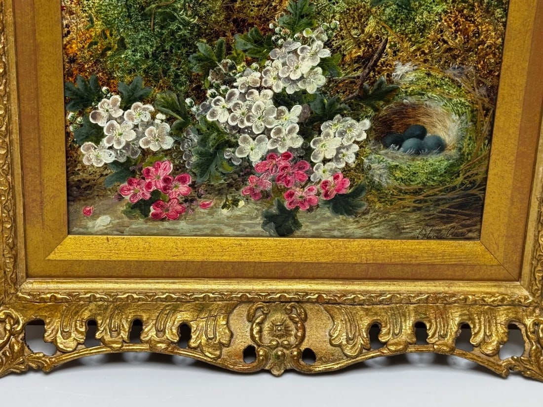 Oil Painting Blossom Flowers Starling Bird Eggs Nest Mossy Bank By Oliver Clare - 6