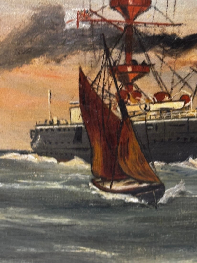 Marine Oil Painting HMS Powerful Royal Navy Cruiser Ship Follower Charles Dixon - 10