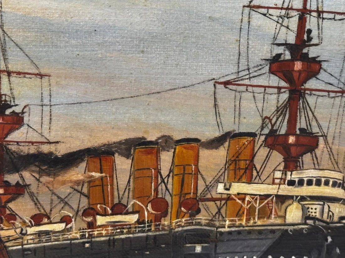 Marine Oil Painting HMS Powerful Royal Navy Cruiser Ship Follower Charles Dixon - 11
