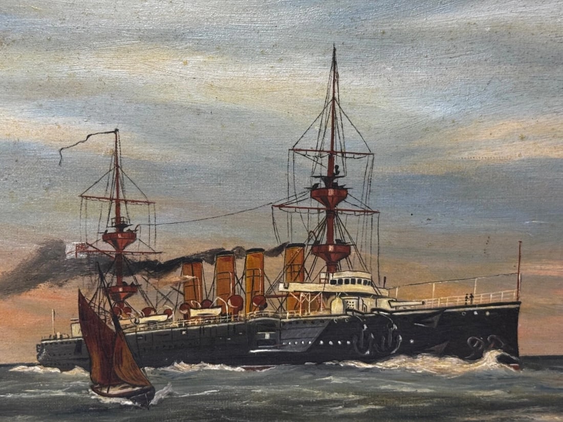 Marine Oil Painting HMS Powerful Royal Navy Cruiser Ship Follower Charles Dixon - 2