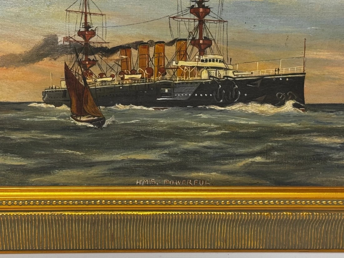 Marine Oil Painting HMS Powerful Royal Navy Cruiser Ship Follower Charles Dixon - 5