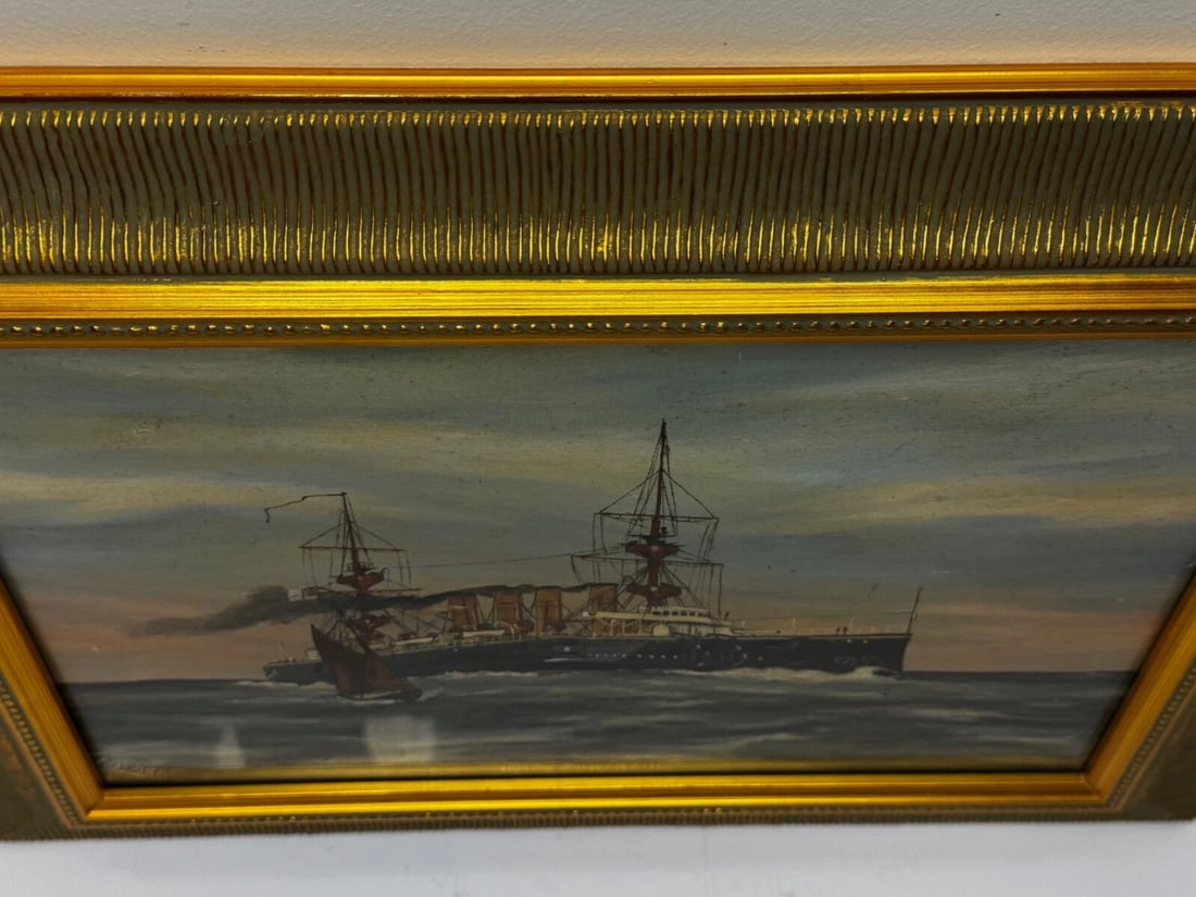 Marine Oil Painting HMS Powerful Royal Navy Cruiser Ship Follower Charles Dixon - 8