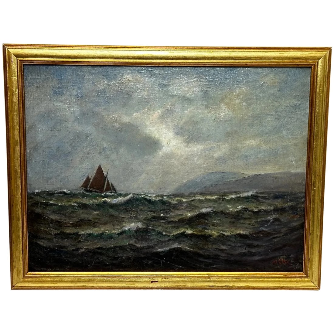 19th Century Marine Oil Painting Spring Breeze & Squally Garwick Bay Isle Of Man: 19th Century Marine Oil Painting Spring Breeze & Squally Garwick Bay Isle Of Man Click image to enlarge Description 1 Traditional Small Antique 19th Century Marine Seascape Oil