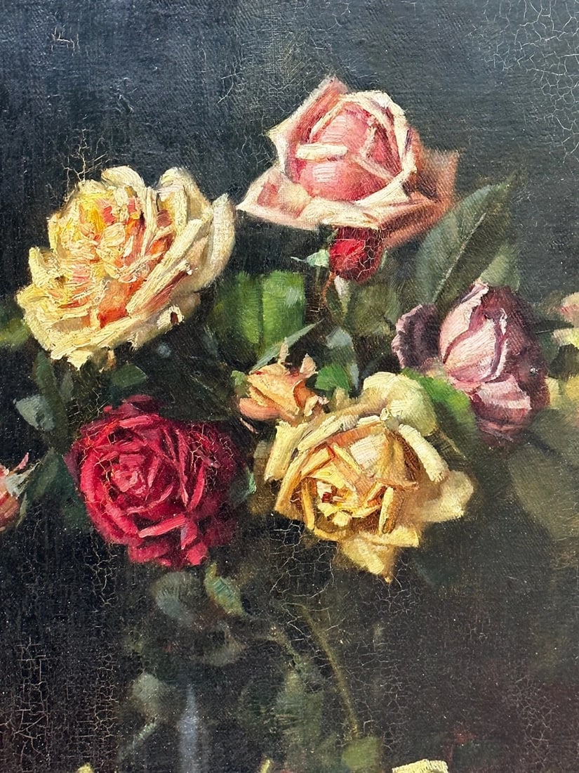 British Oil Painting Still Life Flowers Garden Roses Signed Ernest Higgins Rigg - 10