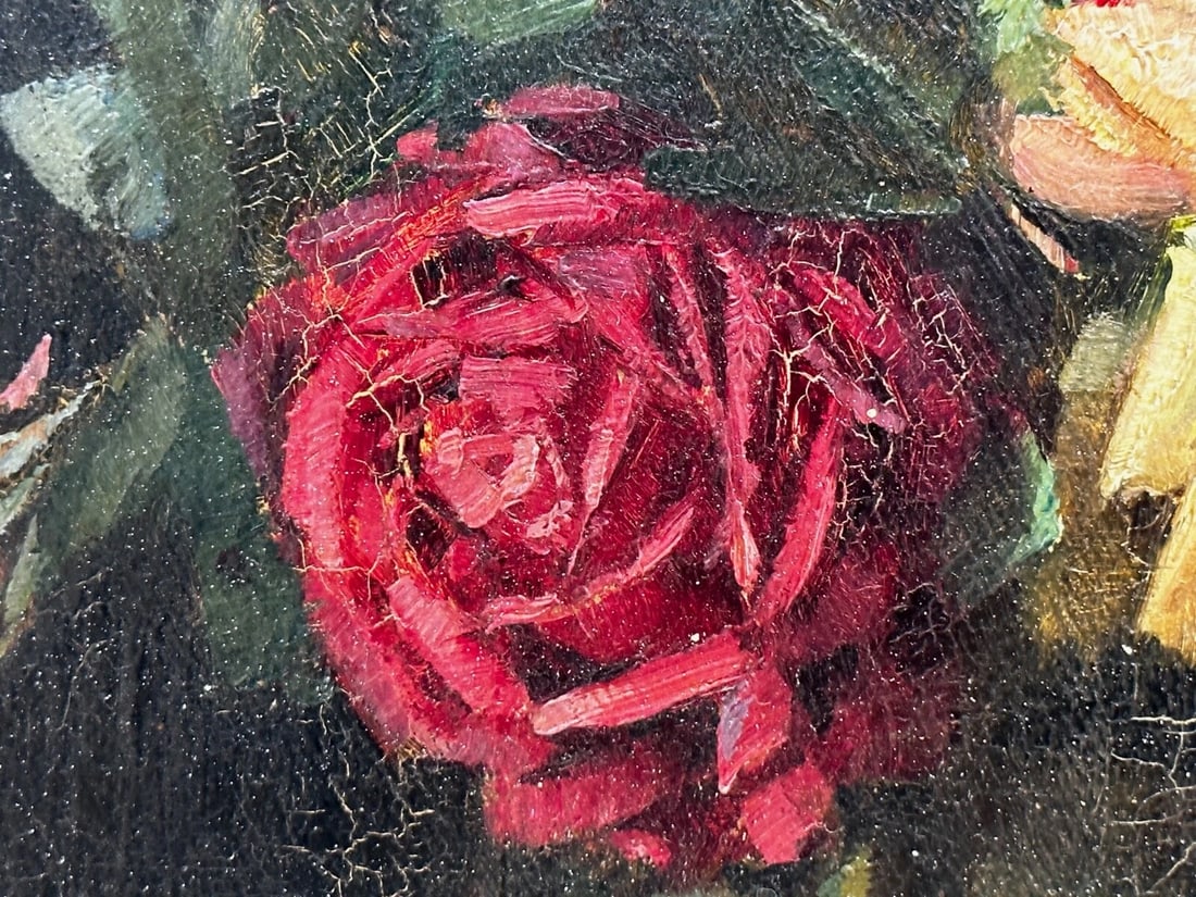British Oil Painting Still Life Flowers Garden Roses Signed Ernest Higgins Rigg - 11