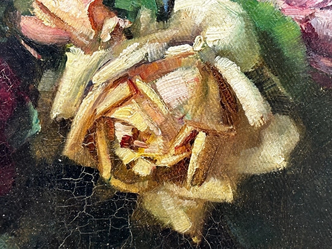British Oil Painting Still Life Flowers Garden Roses Signed Ernest Higgins Rigg - 12