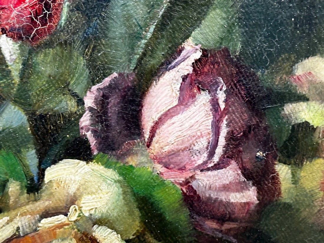 British Oil Painting Still Life Flowers Garden Roses Signed Ernest Higgins Rigg - 13