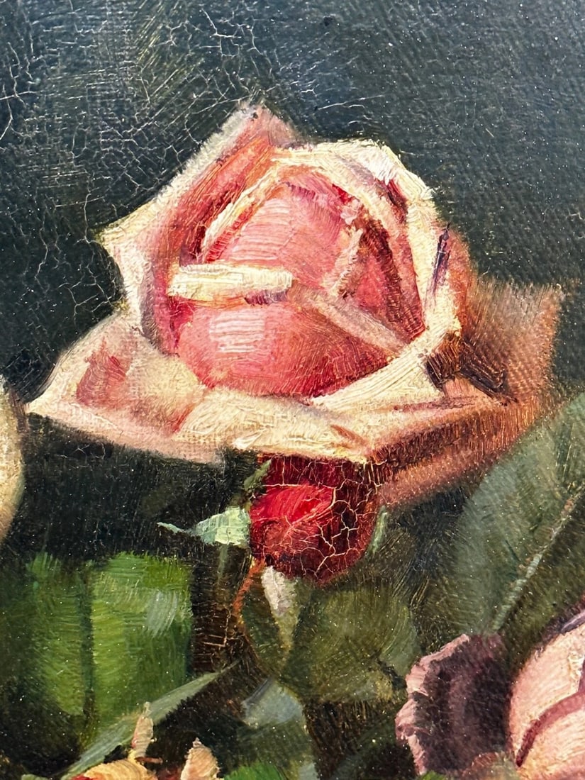 British Oil Painting Still Life Flowers Garden Roses Signed Ernest Higgins Rigg - 15