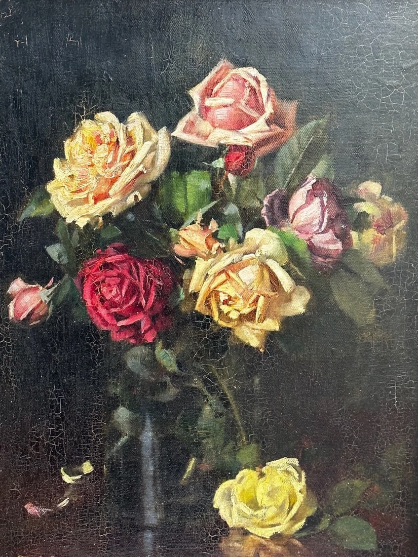 British Oil Painting Still Life Flowers Garden Roses Signed Ernest Higgins Rigg - 2