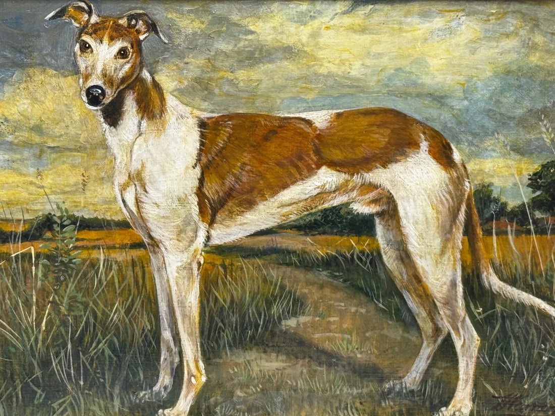 Antique Oil Painting Portrait Prized Lurcher Greyhound After Samuel John Carter - 2