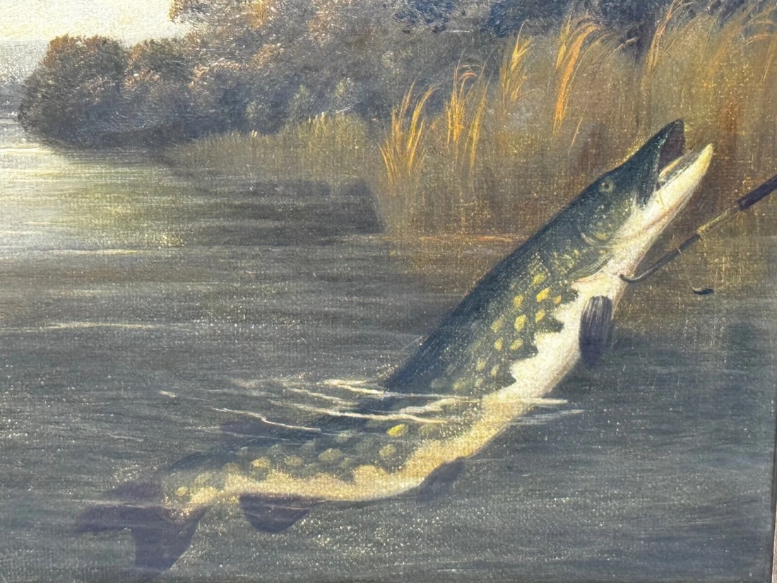 Angling Oil Painting Northern Pike Surfacing Caught By Arthur Roland Knight 1890 - 2
