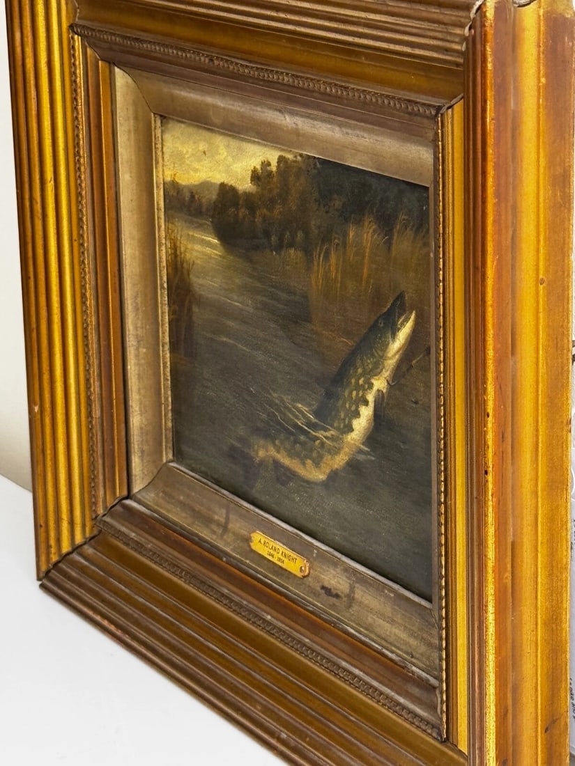 Angling Oil Painting Northern Pike Surfacing Caught By Arthur Roland Knight 1890 - 3