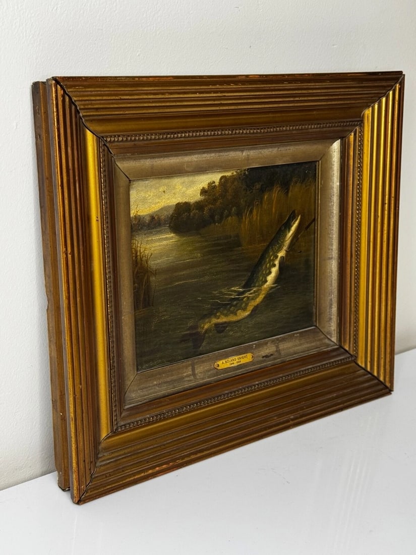 Angling Oil Painting Northern Pike Surfacing Caught By Arthur Roland Knight 1890 - 4