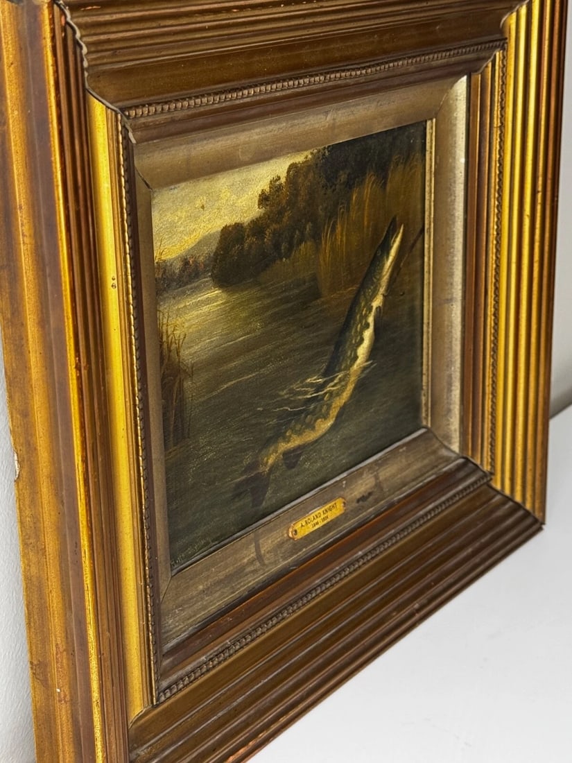 Angling Oil Painting Northern Pike Surfacing Caught By Arthur Roland Knight 1890 - 5