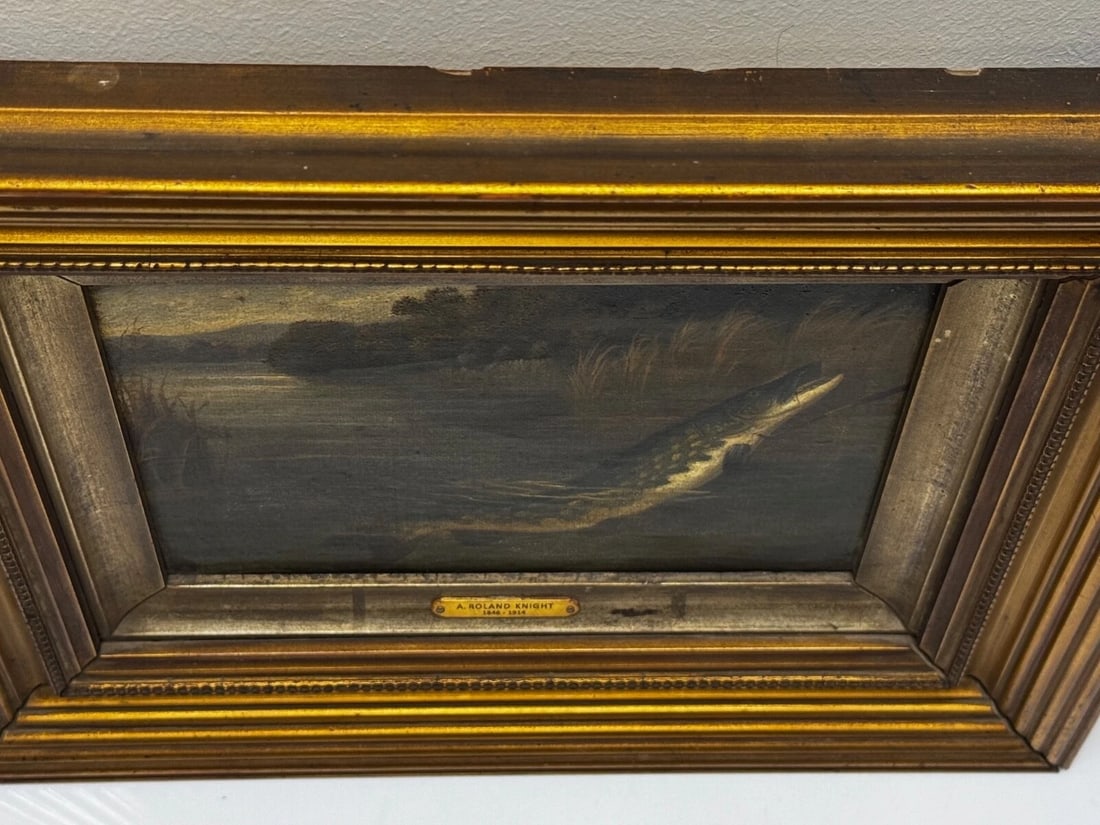 Angling Oil Painting Northern Pike Surfacing Caught By Arthur Roland Knight 1890 - 6