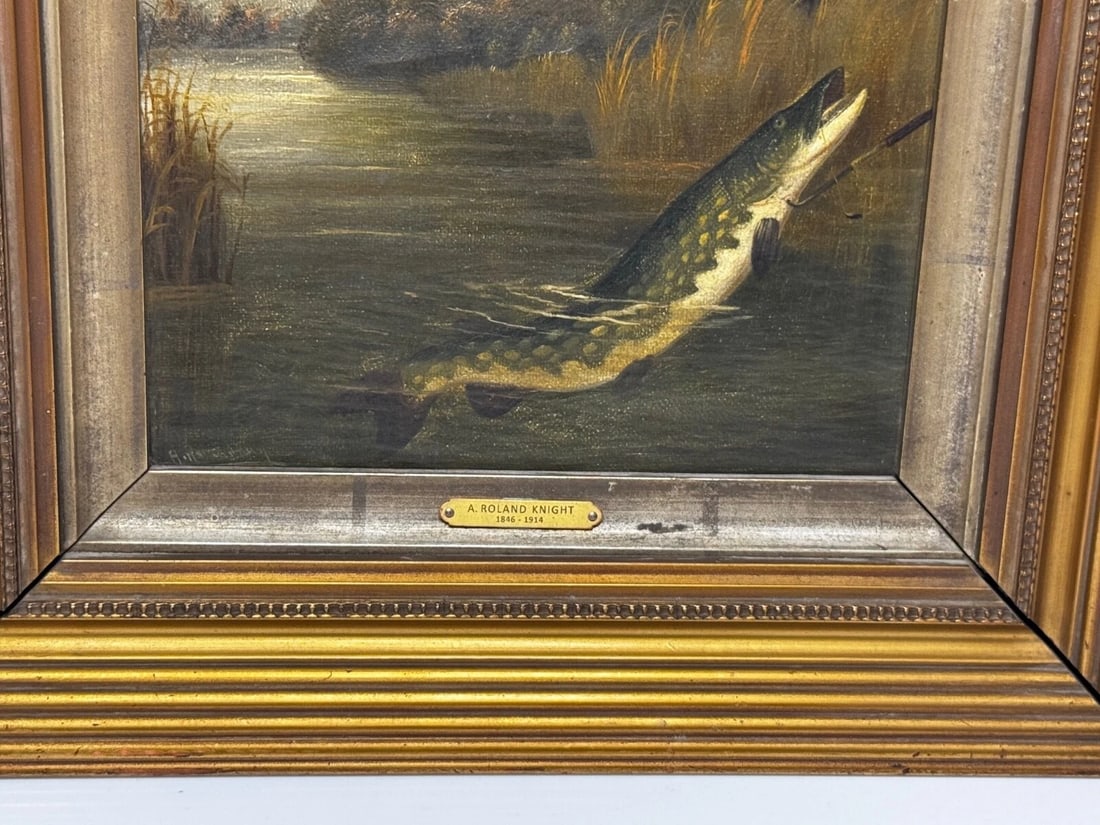 Angling Oil Painting Northern Pike Surfacing Caught By Arthur Roland Knight 1890 - 7