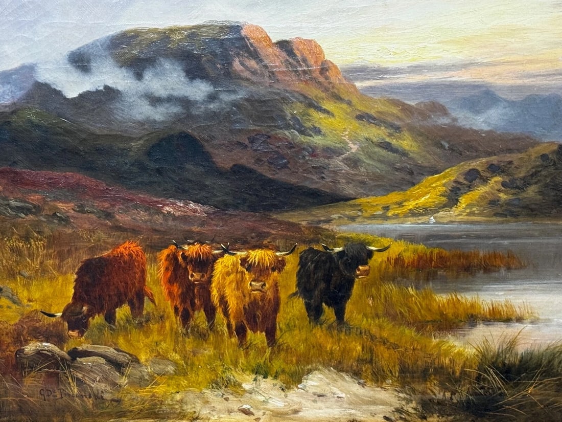 Oil Painting Longhorn Cattle West Scottish Highlands By Gustave De Brianski - 2