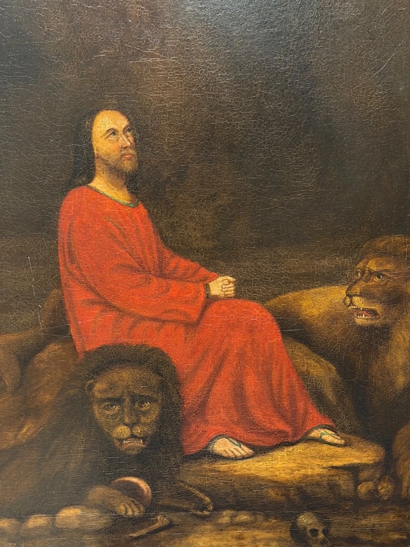 Victorian Biblical Narrative Oil Painting Daniel in the Lions Den c1881 Framed - 2