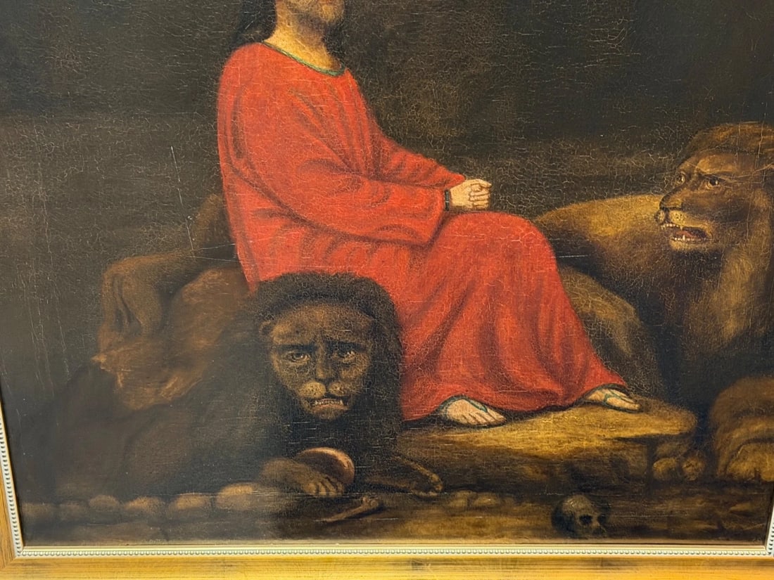 Victorian Biblical Narrative Oil Painting Daniel in the Lions Den c1881 Framed - 4