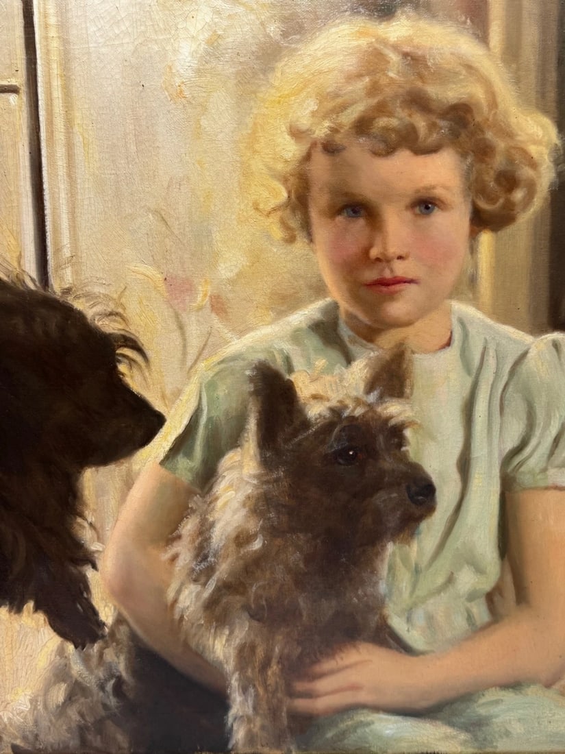 Oil Portrait Mary with Cairn Terriers In the Manner of Sir Harrington Mann - 2