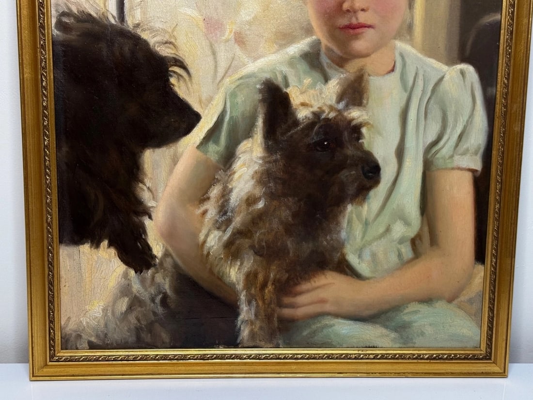 Oil Portrait Mary with Cairn Terriers In the Manner of Sir Harrington Mann - 3