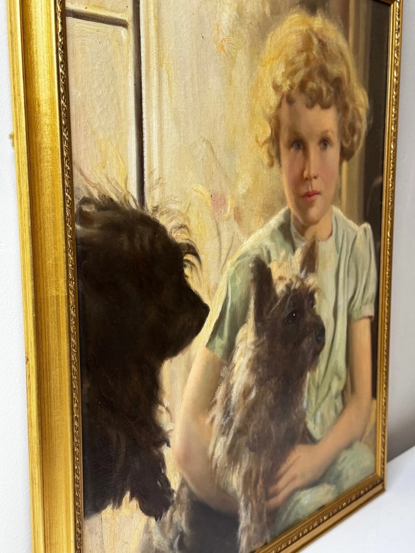Oil Portrait Mary with Cairn Terriers In the Manner of Sir Harrington Mann - 4