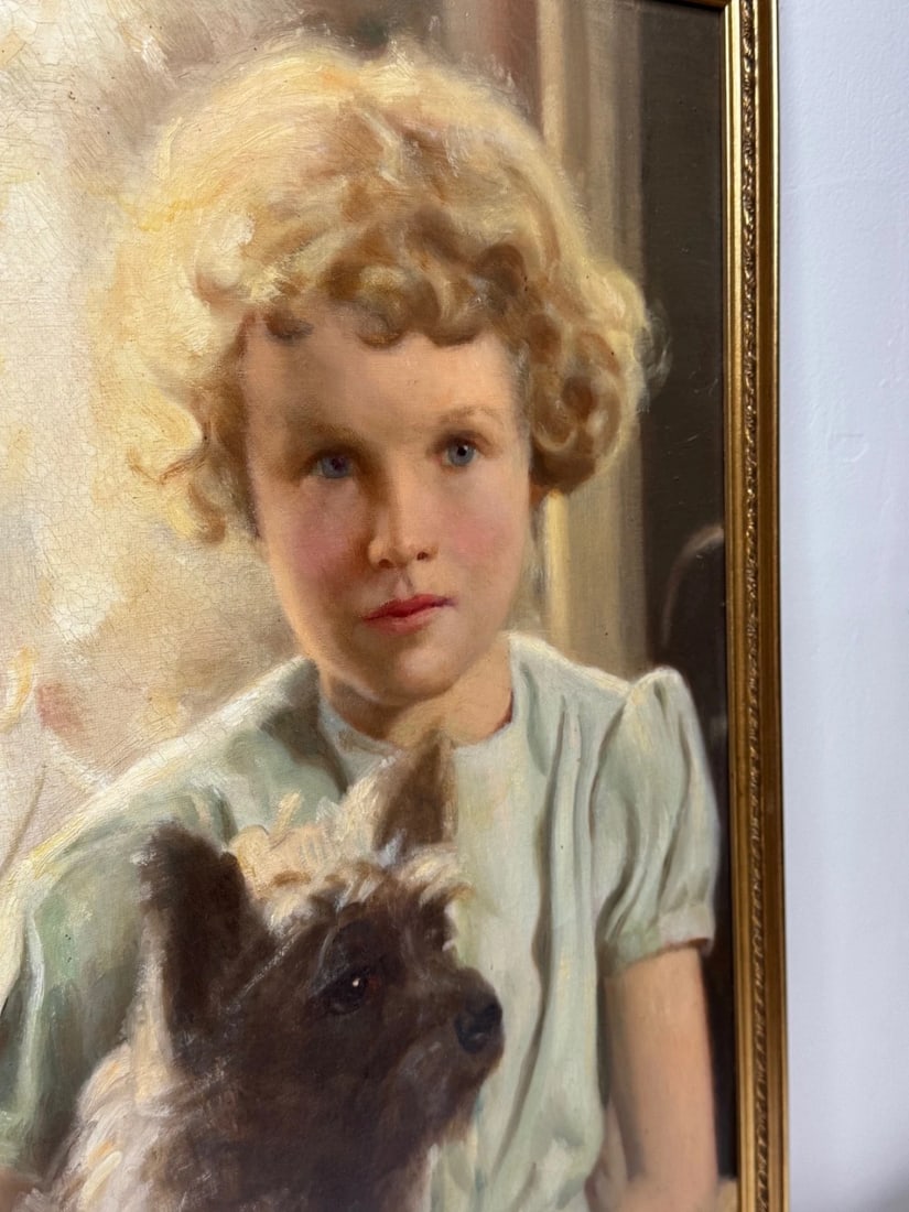 Oil Portrait Mary with Cairn Terriers In the Manner of Sir Harrington Mann - 6