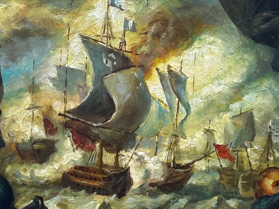 Marine Oil Painting Sea Battle Lord Howe On Deck Ship HMS Queen Charlotte - 11
