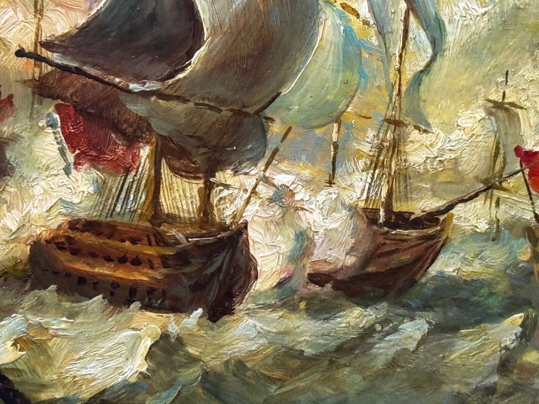 Marine Oil Painting Sea Battle Lord Howe On Deck Ship HMS Queen Charlotte - 12