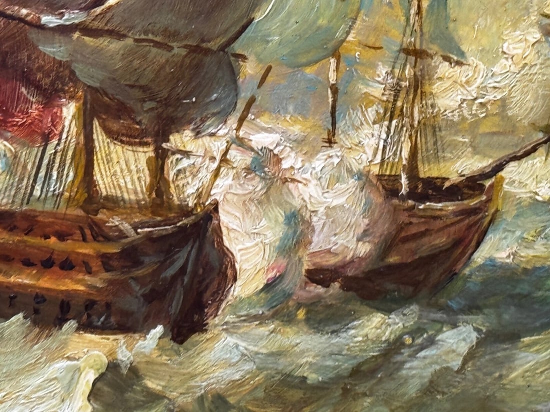Marine Oil Painting Sea Battle Lord Howe On Deck Ship HMS Queen Charlotte - 13