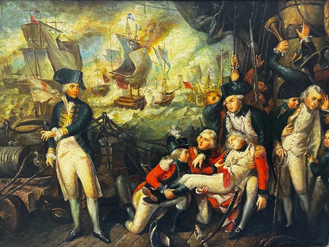 Marine Oil Painting Sea Battle Lord Howe On Deck Ship HMS Queen Charlotte - 2