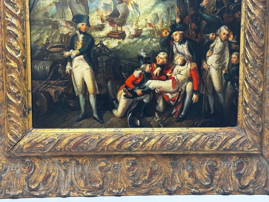 Marine Oil Painting Sea Battle Lord Howe On Deck Ship HMS Queen Charlotte - 5
