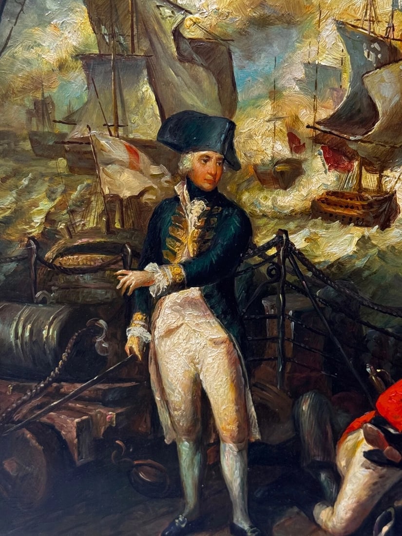 Marine Oil Painting Sea Battle Lord Howe On Deck Ship HMS Queen Charlotte - 7