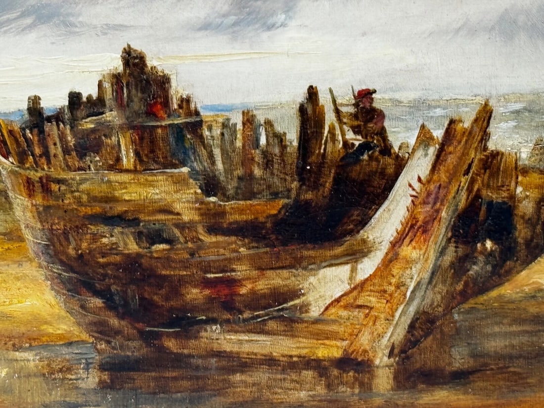 Oil Painting Ships Hulk Wreck Moreton Beach Wirral Historic Leasowe Lighthouse - 16