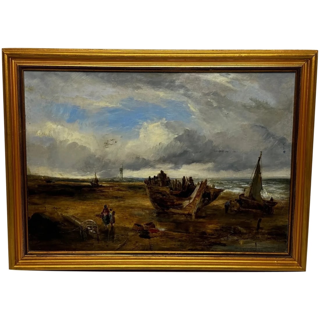 Oil Painting Ships Hulk Wreck Moreton Beach Wirral Historic Leasowe Lighthouse: Oil Painting Ships Hulk Wreck Moreton Beach Wirral Historic Leasowe Lighthouse Click image to enlarge Description 1 Framed British 19th Century Marine Oil Painting Ships Hulk Wr