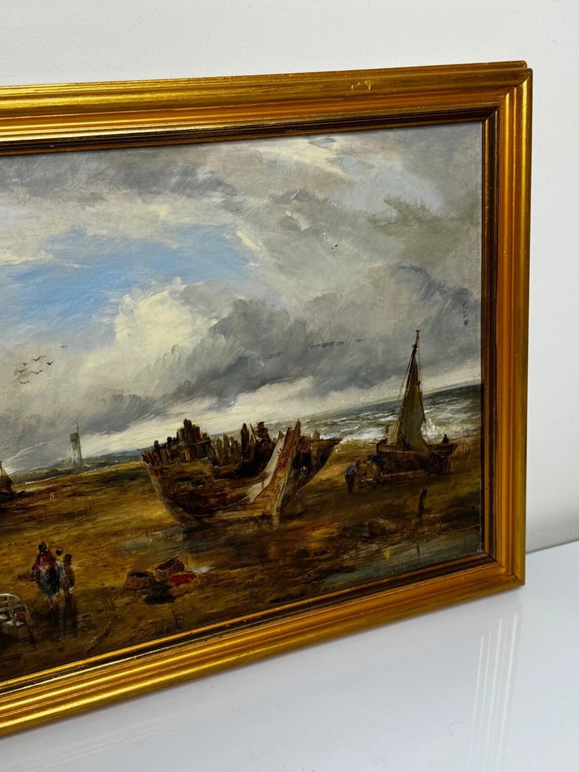 Oil Painting Ships Hulk Wreck Moreton Beach Wirral Historic Leasowe Lighthouse - 2