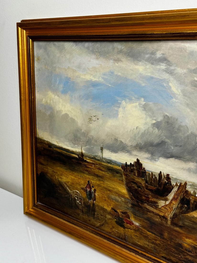 Oil Painting Ships Hulk Wreck Moreton Beach Wirral Historic Leasowe Lighthouse - 3